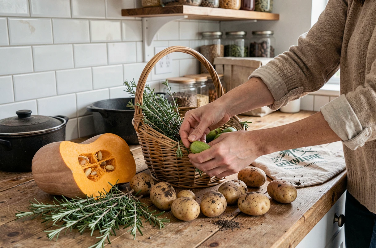 Mains préparant des légumes bio et locaux sur un plan de travail en bois dans une cuisine naturelle