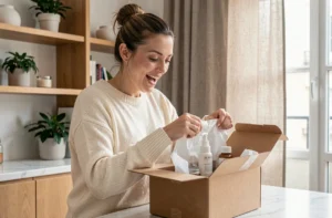 Femme déballant une commande Space NK avec des produits de beauté de luxe sur un comptoir en marbre blanc dans un appartement parisien
