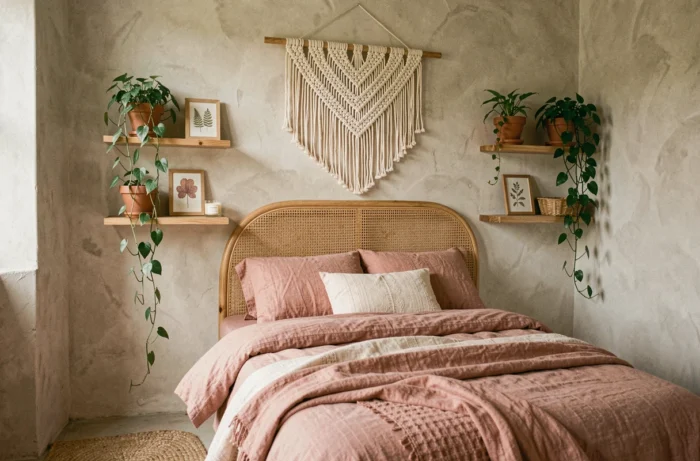 Coin chambre bohème avec suspension murale en macramé, étagères en bois et plantes vertes au-dessus d'une tête de lit en rotin