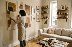 Femme accrochant un tableau abstrait sur le mur d'un salon décoré avec style dans un appartement haussmannien