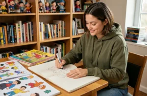 Jeune femme dessinatrice travaillant sur des personnages de dessin animé dans un studio créatif chaleureux