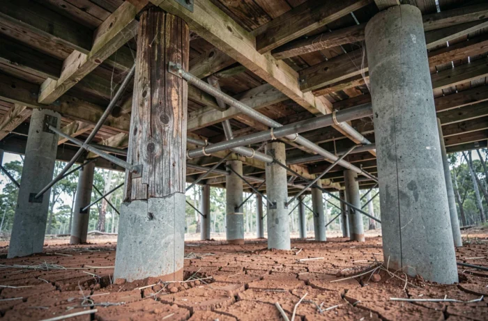 Vue en contre-plongée sous une maison australienne sur pilotis révélant la structure de fondations en béton et bois sur sol aride