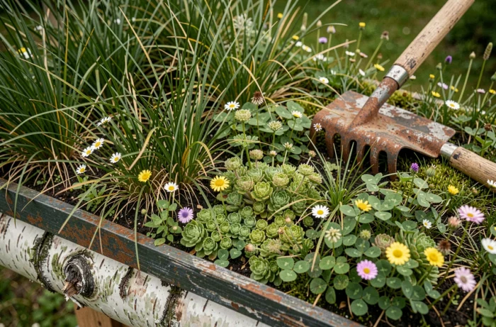 Détail de la végétation d'un toit norvégien en gazon avec plantes alpines, mousse et écorce de bouleau apparente