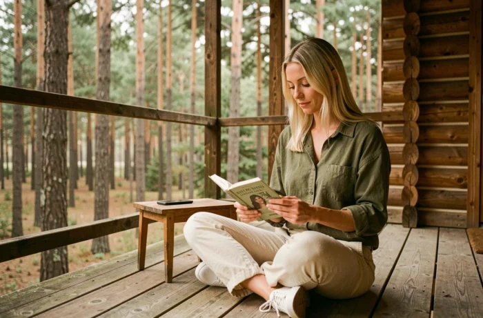 Une femme lisant un livre posé sur une terrasse en bois en pleine nature, le téléphone retourné à côté d'elle