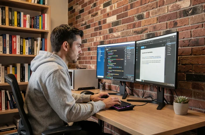 Développeur web consultant les mentions légales obligatoires sur son site depuis son bureau à domicile