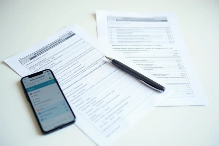 Documents officiels de vente de voiture incluant le certificat de non gage posés sur une table blanche