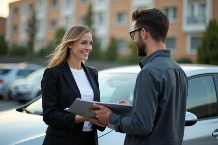 Vendeur et acheteur échangeant les documents de vente d'un véhicule dont le certificat de non gage