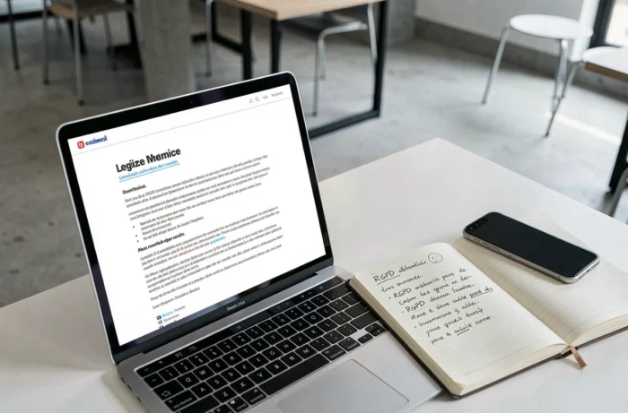 Écran d'ordinateur affichant une page de mentions légales avec des notes manuscrites sur les obligations RGPD