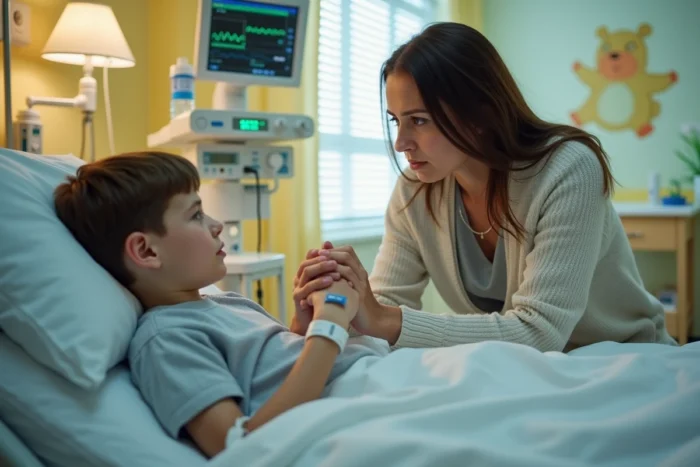 Mère tenant la main de son enfant hospitalisé en pédiatrie suite à un bilan hépatique révélant des transaminases élevées