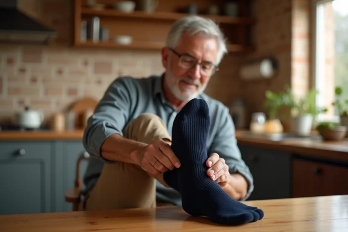 Homme enfilant une chaussette en laine mérinos chez lui, illustrant le bon choix de taille pour une pointure 42