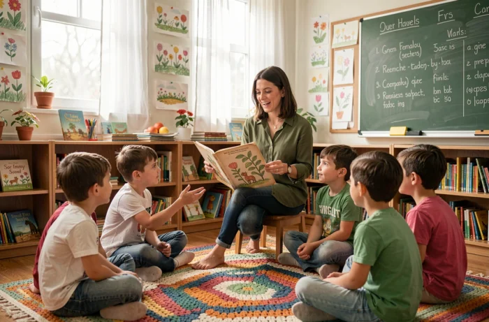 Enseignante lisant un livre jeunesse a ses eleves dans une salle de classe decoree de dessins de jardins illustrant l influence de Tistou les pouces verts sur la litterature jeunesse