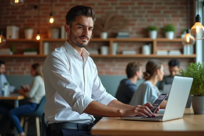 Entrepreneur connecté consultant les dernières actualités économiques sur son téléphone dans un espace de coworking tendance