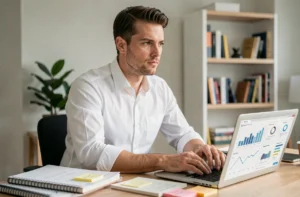Jeune entrepreneur en ligne travaillant sur son ordinateur portable dans un bureau minimaliste, illustrant une formation e-commerce comme Ecom Boss