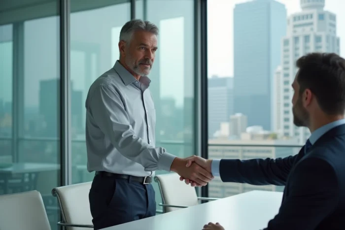 Professionnel en entretien d'embauche dans une salle de réunion avec vue sur la ville