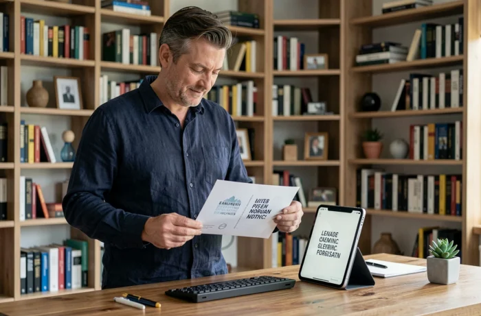 Homme comparant une carte postale imprimée à son design numérique sur tablette dans un bureau à domicile