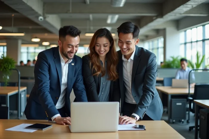 Équipe de jeunes auditeurs collaborant dans un open space d'un cabinet Big 4 autour d'un ordinateur portable