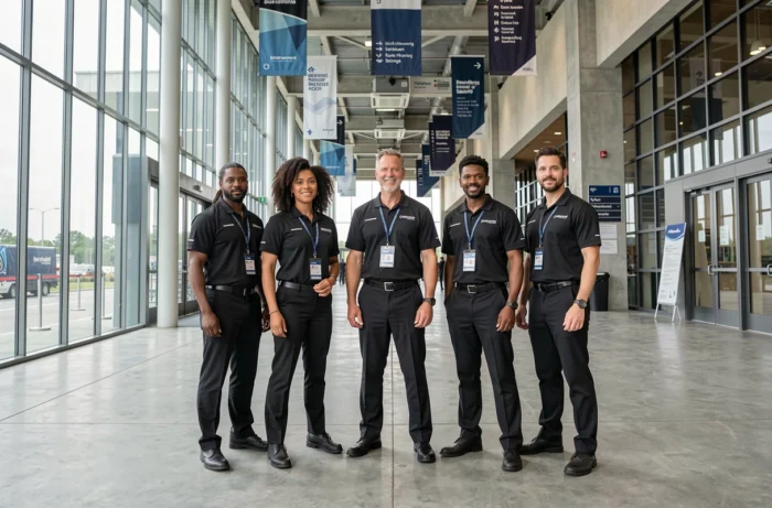 Équipe de personnel extra événementiel en uniforme posant devant l'entrée d'un grand centre de congrès avant un événement d'entreprise