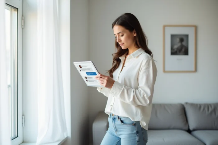 Jeune femme gérant son espace membre et ses messages sur une tablette dans un appartement moderne