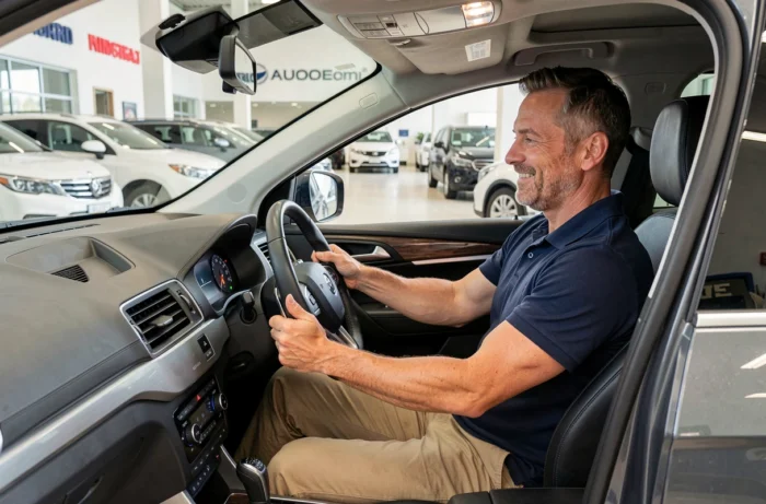 Un homme testant l'intérieur d'un SUV d'occasion chez Aramis Auto, assis au volant dans un showroom moderne