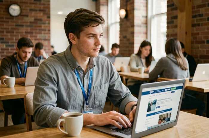 Étudiant en contrat d'apprentissage vérifiant son statut CVEC sur un ordinateur portable dans un espace commun universitaire