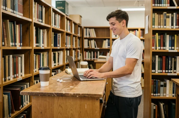 Étudiant debout à un bureau en bois dans une bibliothèque universitaire, travaillant sur son ordinateur portable tout en restant actif