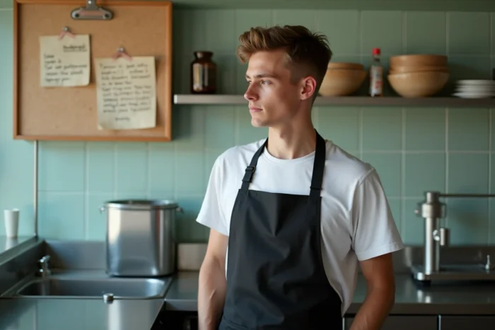 Jeune étudiant salarié consultant le planning de travail affiché dans un café