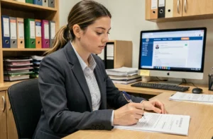 Étudiante en alternance consultant des documents administratifs liés à la CVEC dans un bureau universitaire