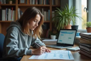 Étudiante calculant ses heures de travail sur un planning imprimé dans son appartement