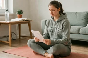 Étudiante en tenue de sport révisant ses notes sur un tapis de yoga dans un appartement lumineux, alliant activité physique et études