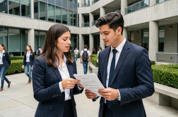 Deux étudiants en alternance discutant des démarches CVEC et des cas particuliers devant un bâtiment universitaire