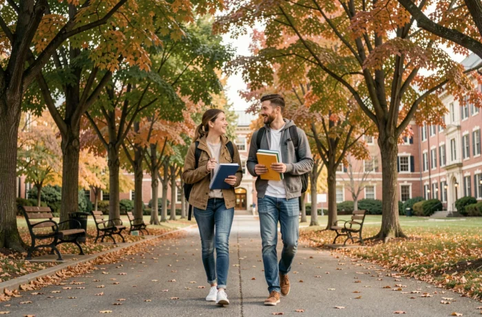 Deux étudiants marchant et discutant sur un campus universitaire en automne, illustrant l'équilibre entre vie active et réussite académique