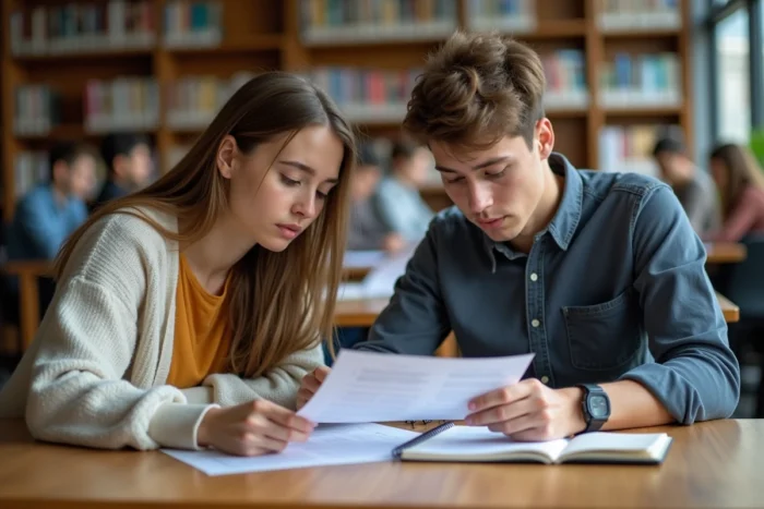 Deux étudiants comparant un contrat de travail étudiant et un carnet de notes à la bibliothèque universitaire