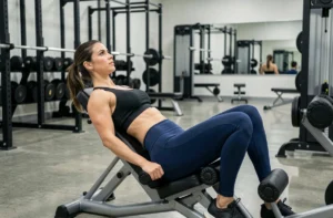 Femme athlétique effectuant un relevé de jambes sur chaise romaine dans une salle de musculation professionnelle