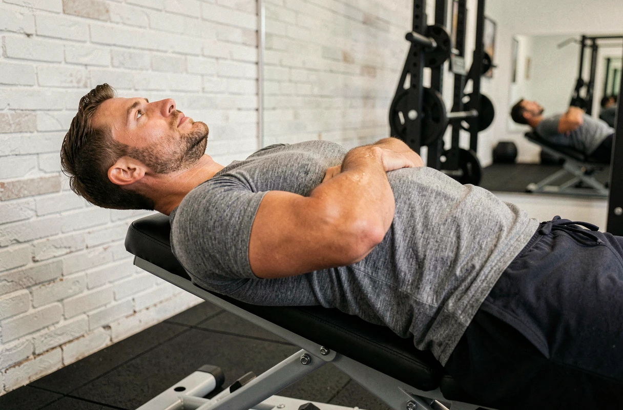 Homme en train de réaliser une extension dorsale sur chaise romaine dans une salle de sport à domicile