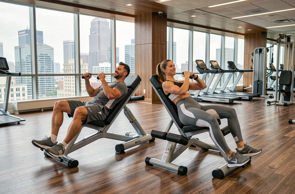 Duo sportif réalisant des crunchs obliques sur chaises romaines dans une salle de fitness haut de gamme