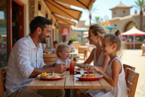 Famille attablée en terrasse d'un restaurant proche des attractions de la Mer de Sable par une journée d'été