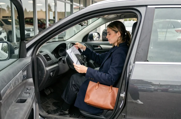 Femme consultant les documents d'un véhicule d'occasion à l'intérieur d'un SUV en concession suisse