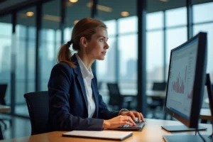 Femme d'affaires analysant des graphiques financiers sur un écran dans un bureau moderne en 2024