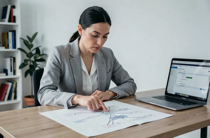 Femme analysant un sitemap imprimé sur son bureau dans un bureau à domicile minimaliste