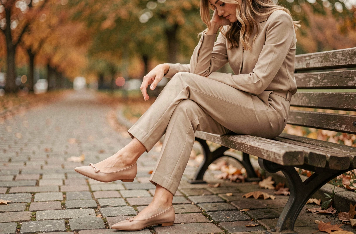 Femme portant des ballerines San Marina en cuir nude assise sur un banc en bois dans un parc urbain en automne