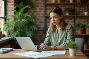 Femme consultant des documents de banque écologique dans un espace de travail moderne et durable