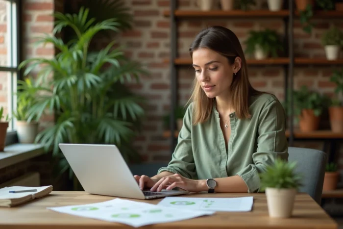 Femme consultant des documents de banque écologique dans un espace de travail moderne et durable