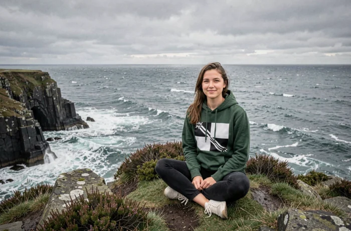 Jeune femme bretonne en sweat Gwenn-ha-du assise sur une falaise face à l'océan Atlantique, identité culturelle bretonne