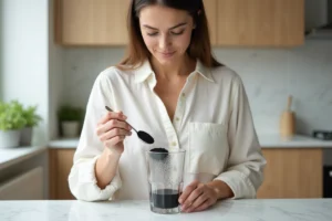 Femme préparant une boisson au charbon actif en poudre dans une cuisine moderne et épurée