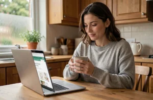 Femme consultant un site spécialisé en santé sur son ordinateur portable dans une cuisine chaleureuse