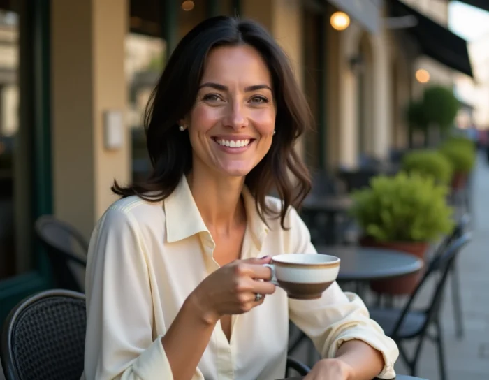 Femme élégante souriante assise en terrasse de café parisien, tenant une tasse de café dans un décor chaleureux de Montmartre