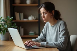Femme frustrée devant un écran d'ordinateur affichant une erreur de connexion AOL Webmail dans un bureau à domicile