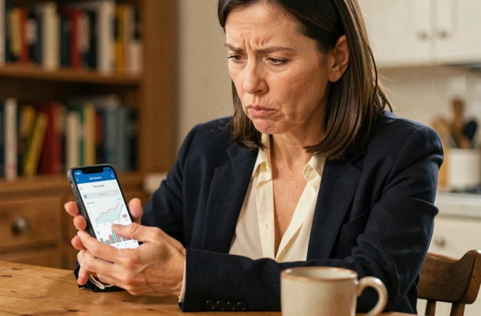 Femme sceptique évaluant une application d'investissement en ligne sur son smartphone à domicile, illustrant la méfiance face aux arnaques financières