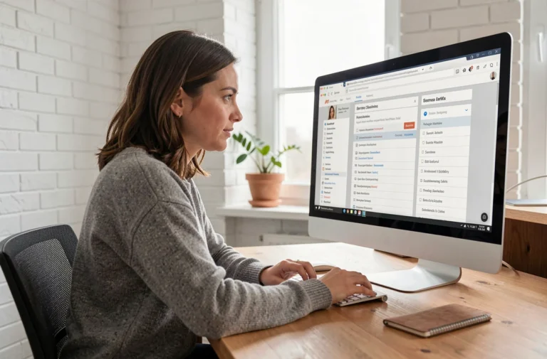 Femme explorant le plan du site d'un média en ligne sur un grand écran dans un bureau moderne