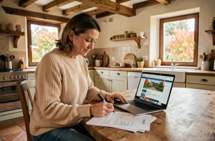 Femme consultant des documents de prêt immobilier dans une maison rénovée de Haute-Loire